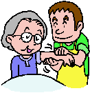 イラスト：おばあちゃんにマッサージをしている介護員