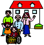 イラスト：おじいちゃんと車椅子に乗ったおばあちゃん、孫娘と夫婦が引っ越してきた様子