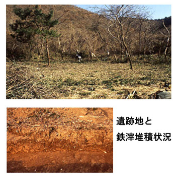 二つの写真：熊の沢遺跡の遺跡地と鉄滓蓄積状況