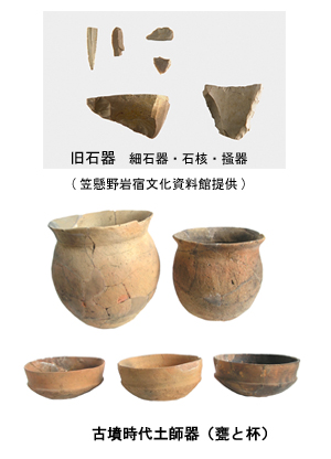 2つの写真：旧石器　細石器・石核・掻器、古墳時代土師器