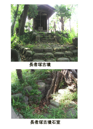 写真二つ：森の中の社、石室の入り口