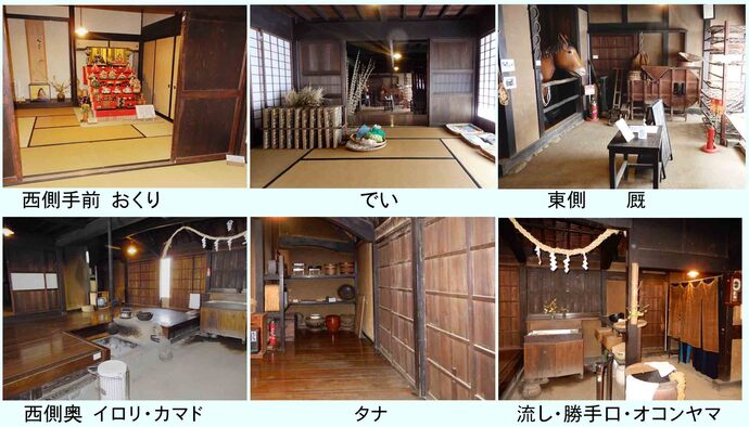 写真：建物内部の様子　写真上段は、内部西側の畳敷の部屋と東側のうまや。写真下段は、西側の囲炉裏や竈、勝手口                                                            