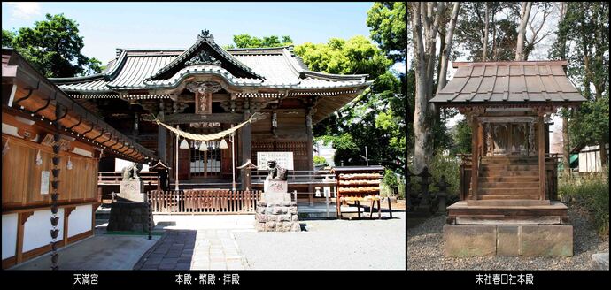 写真：（左）本殿・幣殿・拝殿の正面、（右）末社春日社本殿