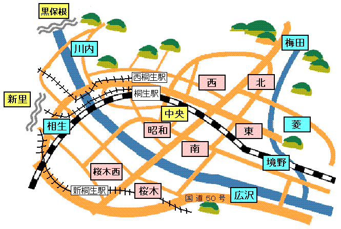 地図：桐生市の公民館の位置