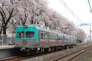 写真：桐生球場前桜とホームに停まった700形