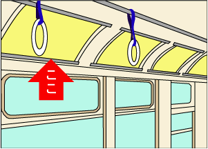 イラスト：車窓と天井の間の空間に横長の広告が入れられます。