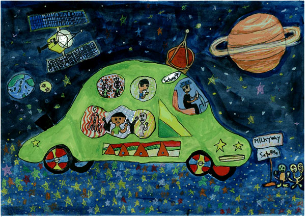 写真：地球や人工衛星や土星を背景に、星で出来た道を自動車が走っている