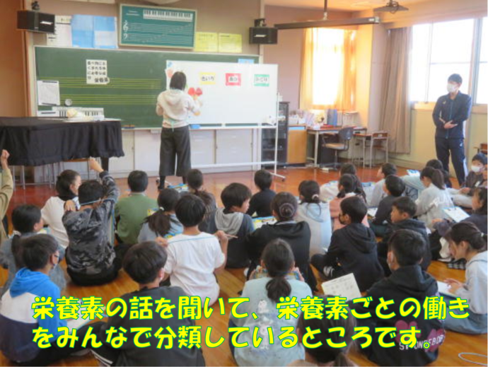 写真:栄養素の話を聞いて、栄養素ごとの働きをみんなで分類しているところです。