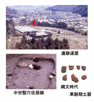 3つの写真：遺跡遠望、発掘された住居跡、出土した土器