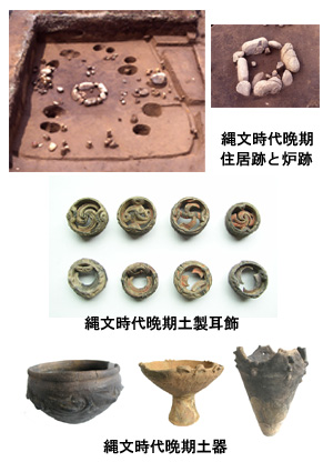 4つの写真：出土した住居跡、炉跡、土製耳飾、土器