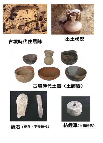 写真5枚：地面に穴が残っている住居跡や出土した土器、砥石、紡錘車（ドーナツ型の石）