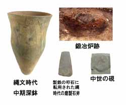 4つの写真：縄文時代中期深鉢、鍛冶炉跡、製鉄の叩石に転用された縄文時代の磨製石斧、中世の硯