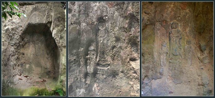 写真左：船の形に岩を彫り込み光背に見立て、奥に阿彌陀如来と両脇侍、3軀の仏像が彫り込まれている。中央：現在の阿彌陀三尊像詳細写真。右：黒と赤の着色が認められた頃の阿彌陀三尊の写真。