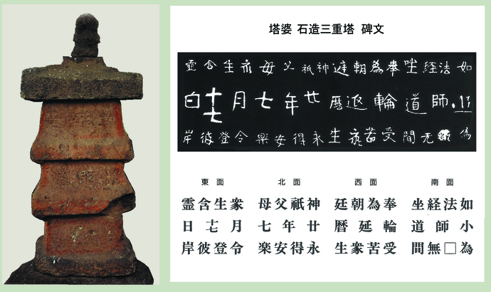 写真：覆屋に収められた塔婆、彫られた文字と読み下ろしの文章