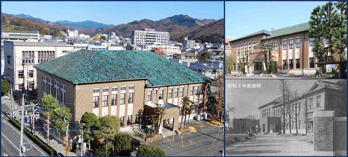 写真：向って左から桐生織物会館旧館、右上正面斜め、右下昭和9年創建時の写真