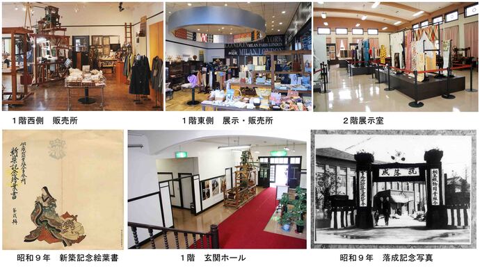 上段：写真向かって左から1階西側販売所、東側展示販売所、2階展示室。下段：向かって左から昭和9年絵葉書織姫画像、写真1階玄関ホールの様子、昭和9年落成記念写真