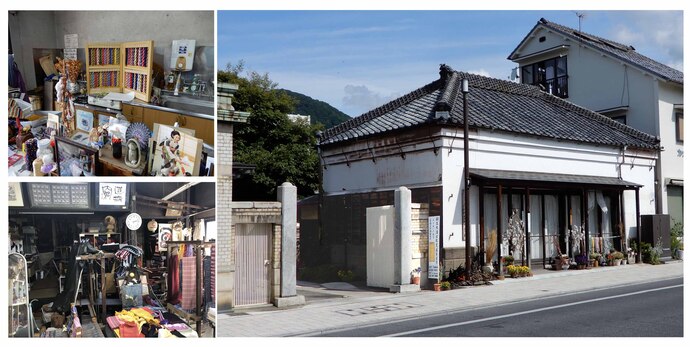 写真左：上下2枚、染色研究所として使用されている内部、色とりどりの布や糸・手織機などが所狭しと並んでいる、写真右：森家住宅石蔵（旧穀蔵）漆喰仕上げの白壁と和風の屋根が美しい。現在は天然染色研究所として開業