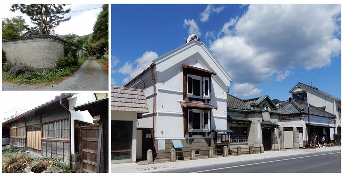 写真左上:森家南側にめぐる高さ3メートルほどの石塀、左下店蔵の西側から石塀へ続く木造の付属建物、写真右：森合資会社店蔵・事務所、門を挟んで森家住宅石蔵