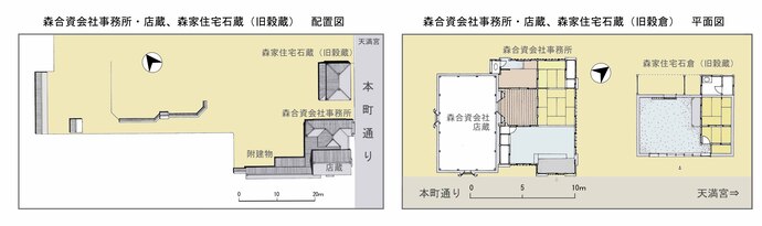向かって右側、森合資会社、森家住宅石蔵の配置図：上図、森家住宅旧石蔵。下図、森合資会社店舗と繋がる店蔵。左側図面、建物平面図。