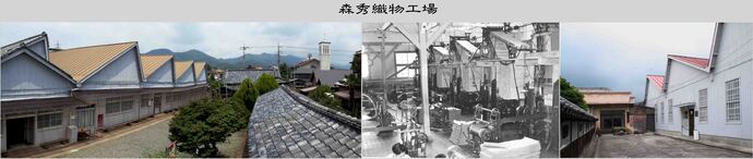 写真：向かって左森秀織物工場俯瞰、中央古い写真工場内、右鋸屋根工場と事務所