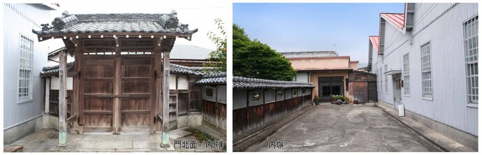 写真向かって左：森秀織物正門の内側、写真向かって右中央に洋風の森秀織物事務所、向かって左に内塀、右にノコギリ屋根工場