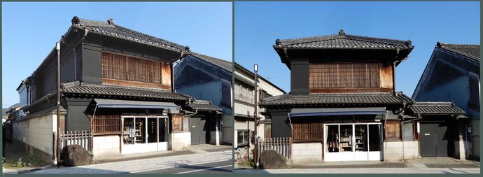 中村弥市商店写真：向かって左から北東面、道路側から奥へ黒漆喰塗りの2階建店舗、土蔵造白漆喰塗り2階建て文庫蔵、奥座敷へ続く縦長の敷地、右店舗正面写真