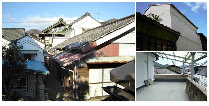 写真左：中村家の敷地南側から撮影石蔵・奥座敷・文庫蔵が立ち並ぶ様子。写真右上：敷地東側の路地から撮影した奥座敷・文庫蔵。右下新座敷の陸屋根上のベランダ
