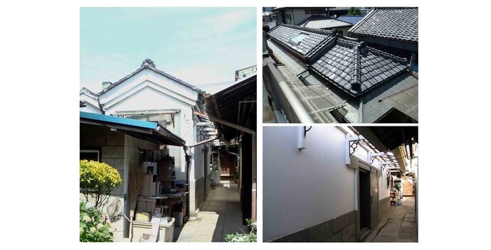 写真左：敷地内西側に沿って建てられている石蔵と浴室の南東面写真、右上：浴室とそれに続く石蔵の瓦葺き屋根、右下：石蔵通路側の扉