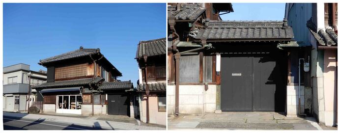 写真左：本町通りに西面して建つ中村弥市商店店舗、写真右：建物西側に接する瓦葺き、黒色の門