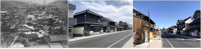 写真向かって左から昭和初め頃の本町3丁目から1丁目の俯瞰、本町通りに面した中村弥市商店店舗北面、まちなか交流館から天満宮方面を撮影した重伝健地区