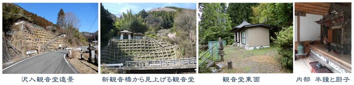 写真左から沢入観音堂遠景、新観音橋から見上げる見上げる観音堂の正面、観音堂の建物側面、関口文治郎の半鐘が安置される観音堂の内部。