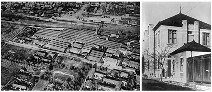 写真左：昭和20年台の航空写真、現在のJR桐生駅の南側一帯に広がる鋸屋根工場と宿舎や運動場などの施設群。写真右：事務所棟と手前に門衛所（大正時代）