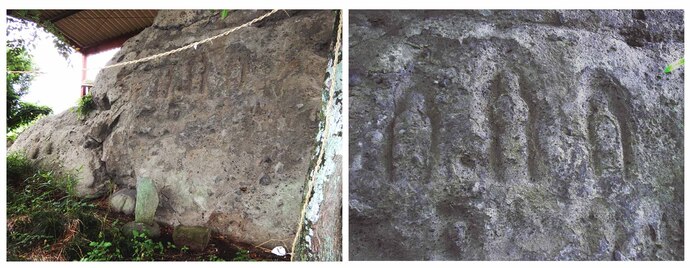 写真左：岩塊の南面に彫られた磨崖仏、右：上部に彫られた三軀の磨崖仏の詳細写真、半肉彫りされた輪郭が判る。