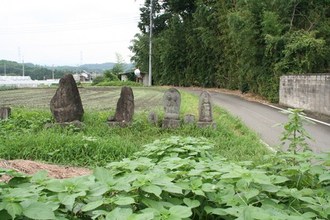 写真：舗装された道路の横の草むらに石像が4つ並んでいる