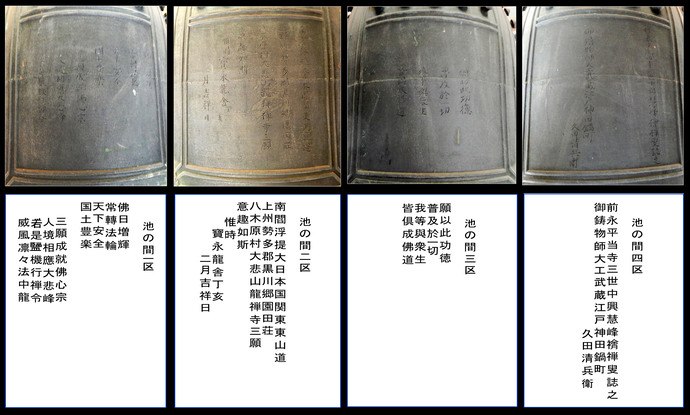 写真：喚鐘の周囲四か所刻まれた文字。目的や製作者や・年代などが刻まれている。