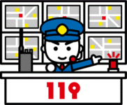イラスト：火災、救急、救助における119番の通報例を示す男性消防署員
