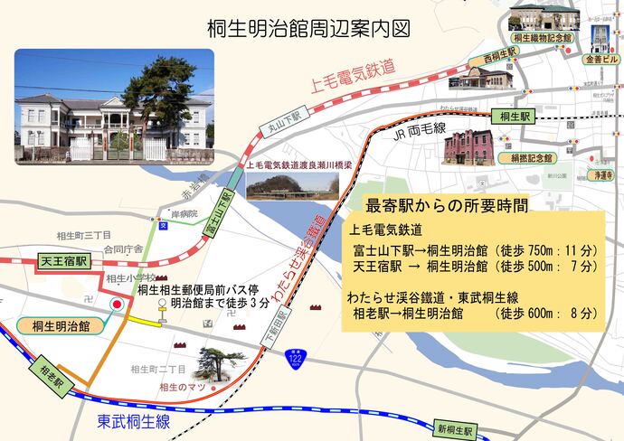 最寄り駅からの桐生明治館までの地図と距離、所要時間