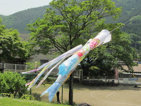 園児達の作成したこいのぼりが青空を泳ぐ写真