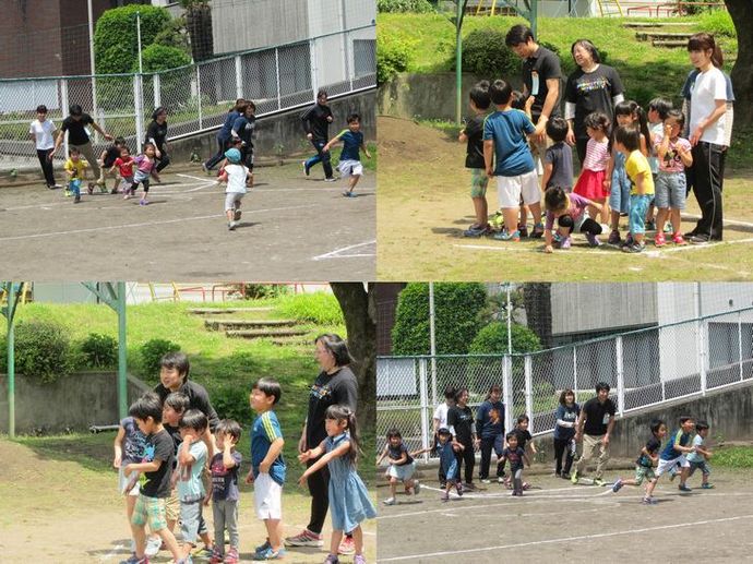 おばけゲームで宮木園長と楽しむ園児達の写真