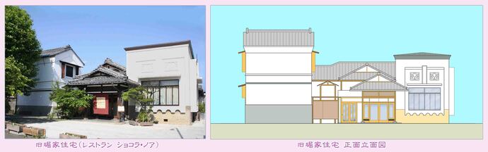 左写真：旧堀家住宅（レストラン、ショコララノア）正面の写真（左に蔵、中央に和風の玄関入口、右に洋風の白い建物）、右図版：左から蔵・中央主屋玄関・洋室が並ぶ建物正面の正面立面図