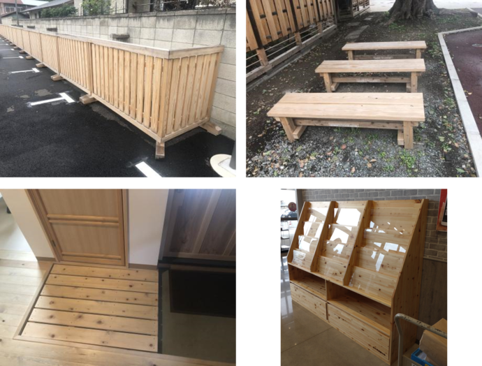 桐生市産木材を使用した木製品の写真（左上木柵、右上ベンチ、左下トイレ前のスノコ、右下パンフレットスタンド）