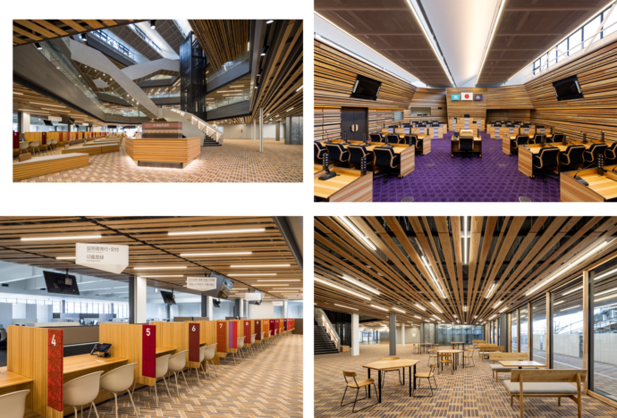 新庁舎内の写真（左上1階から上階に向けて撮った写真、右上議場内の写真、左下1階窓口の1列の写真、右下1階多目的スペース全体の写真）