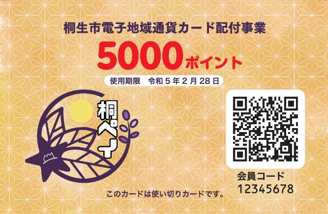 画像：（桐ペイカード見本）桐生市電子地域通貨カード配付事業　5000ポイント　使用期限　令和5年2月28日　このカードは使い切りカードです。