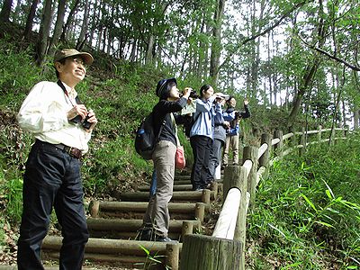 写真:双眼鏡をのぞく参加者たち