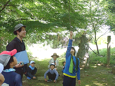 写真:木を見上げてゲームをする子供たち