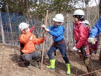 写真：職員と参加者の子供がいっしょにネットを張る杭を打ち込んでいる
