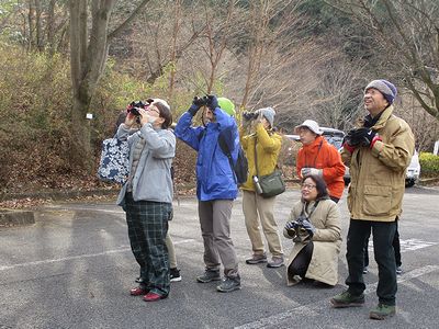 写真:双眼鏡の使い方を学んでいる参加者たち