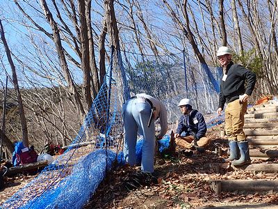 写真:からんだネットをほどいている参加者