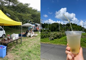 写真：祭りの出店ブースと梅ジュース
