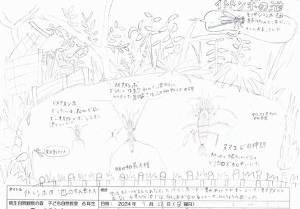 写真:木や草に覆われた沼にオオアメンボ、ヒメアメンボ、モノサシトンボが描かれている
